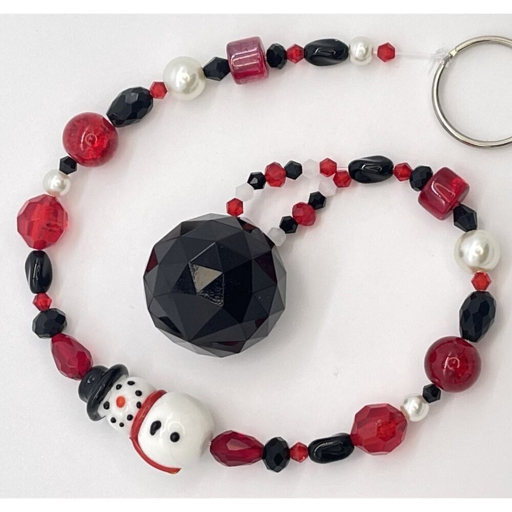 Beaded Snowman Suncatcher Red White Black Crystal Prism Hanging Patio Decor